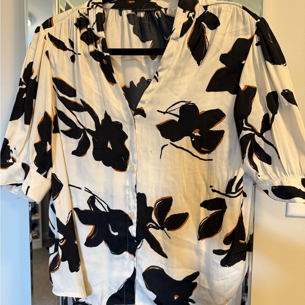 T Tahari Black and White Floral Button Down Shirt